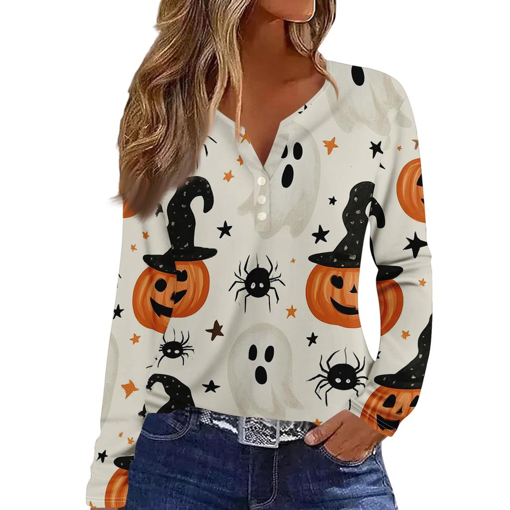 Womens Casual Long Sleeve V Neck Button Down Top Halloween Print Pullover Shirt Lightweight Comfortable Fit