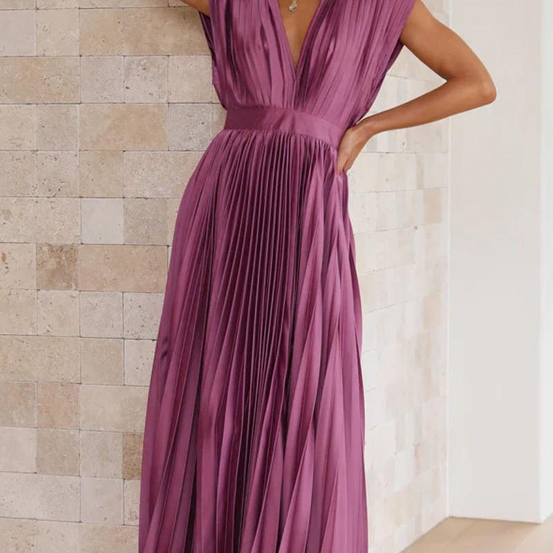 Women's Pleated Midi Dress Sleeveless V Neck Fit and Flare Elegant Party Dress