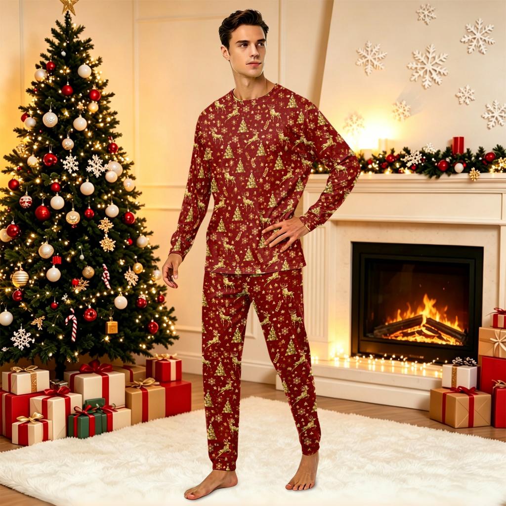 Comfortable Parent-Child Matching Christmas Print Loungewear Set with Long Sleeve Top and Pants