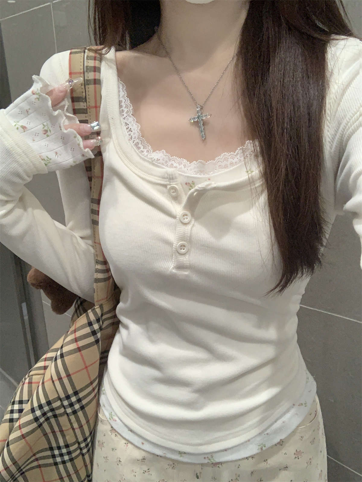 

Spring pink girl shirt women s lace button-up top fake two-piece waist pleated bottoming shirt XL абрикосовий