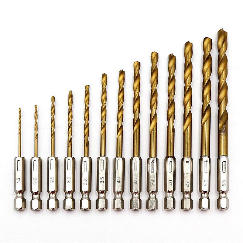 Titanium Drill Bit Set for Electric Screwdriver, 13pc Hex Handle Twist Drill, High-Speed Steel, Cross-Border, 1.5-6.5mm