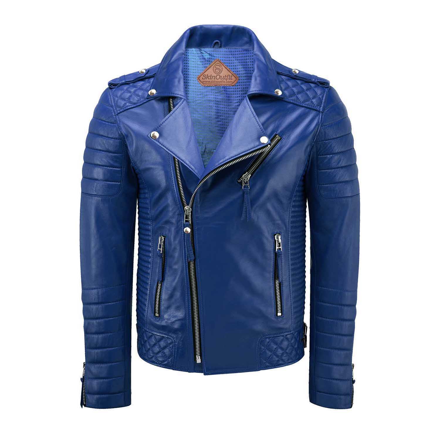 

SKINOUTFIT Чоловіча мотоциклетна шкіряна куртка Натуральна королівсько-синя ягняча шкіра Кафе Рейсер Байкерський верхній одяг 3XL синій