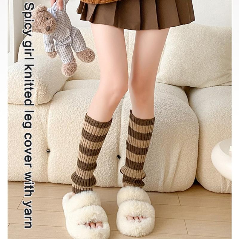 Contrast Color Striped Leg Warmers for Women Girls Ribbed Knitted Boot Covers Over Calf Socks for Dance Parties Hosiery