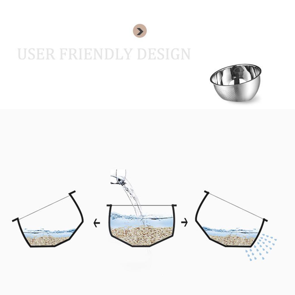 Stainless Steel Rice Washing Bowl with Side Drainers Cleaning Washing Mesh Strainer Net Baskets Steaming, Draining & Rinsing