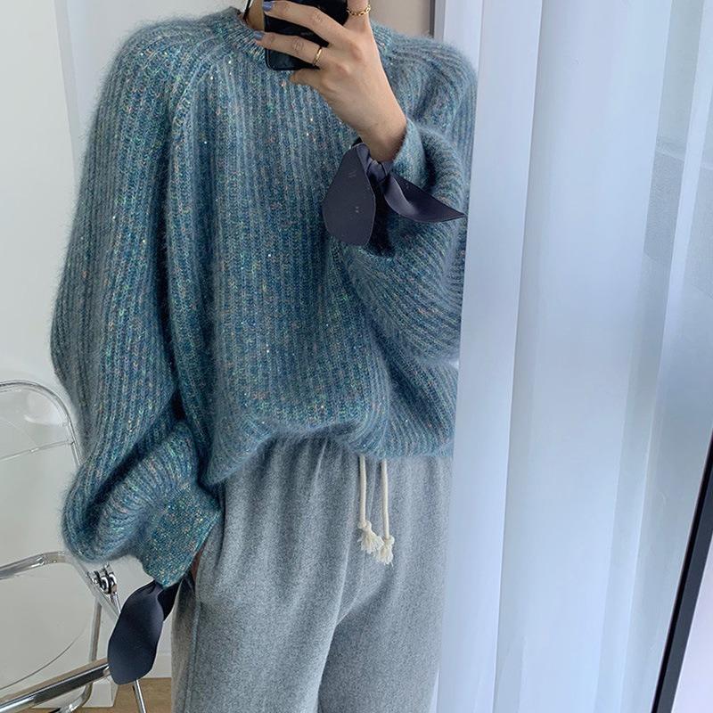 New autumn and winter wear loose design heavy industry slim raccoon velvet taro purple sweater women's knitted sweater