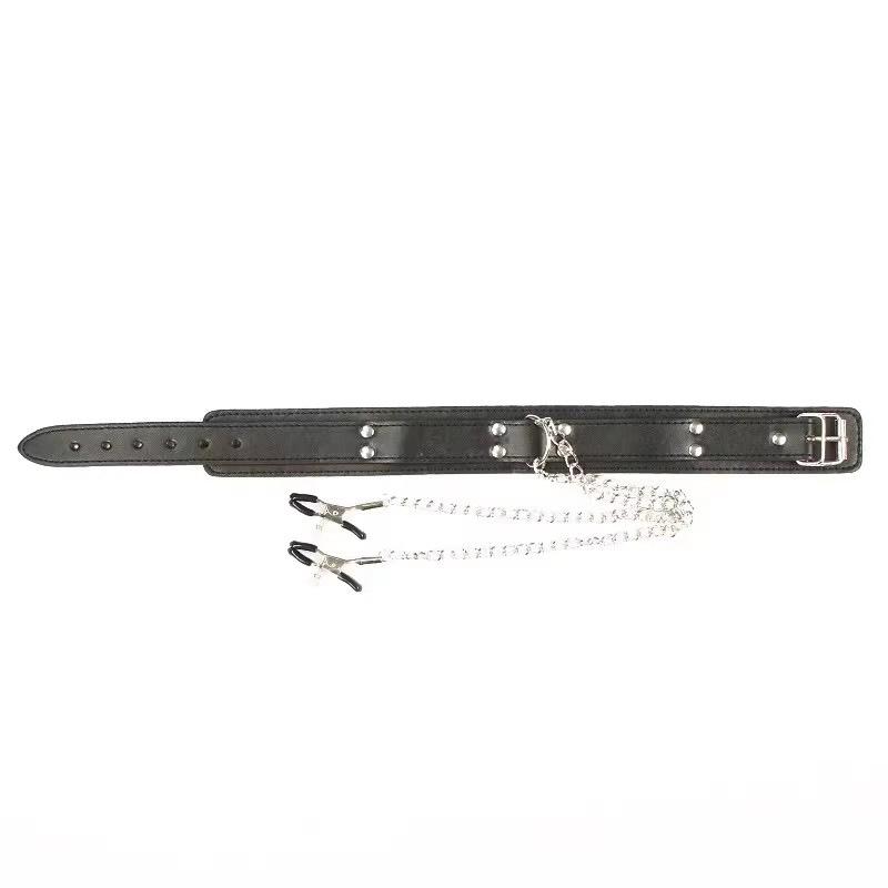 SM Adult Nipple Clamps Leather Choker with Chain - Kinky Erotic Necklace for Couples