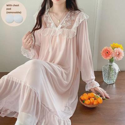 Camicia da notte da donna retrò in pizzo: Maniche Lunghe, Lunghezza Media, Stile Palazzo, Vestibilità Ampia, Perfetto per Primavera e Autunno