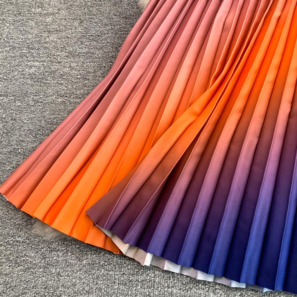Pleated Diamond-Embellished Round-Neck Midi Dress for Women Summer Short Sleeve Lace-up Stunning Ombre Pleated Dress