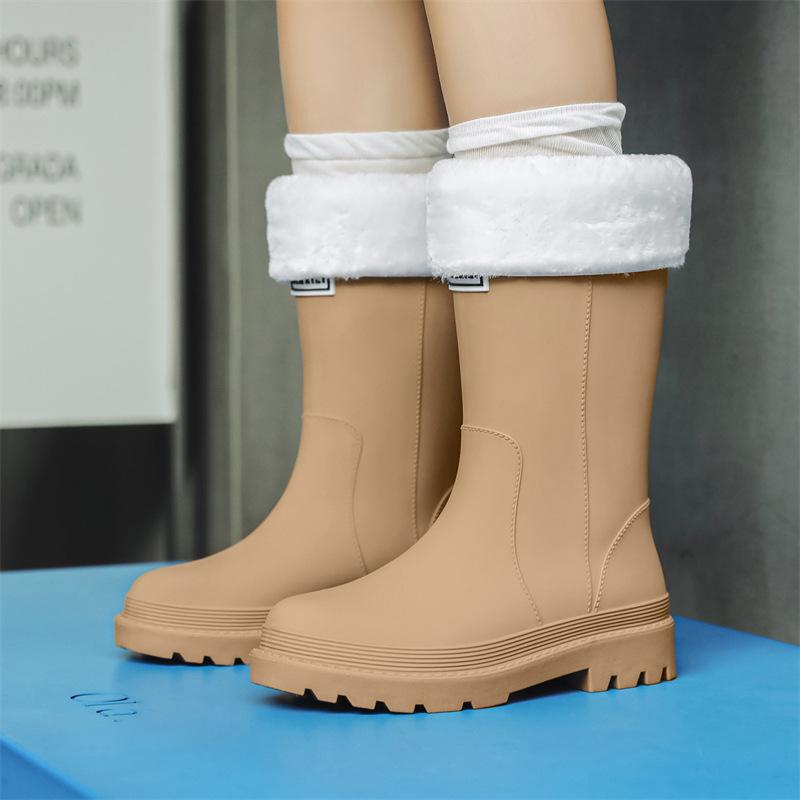 Medium tube rain shoes women's non-slip water shoes fashion water boots thick-soled rain boots fleece work rubber shoes
