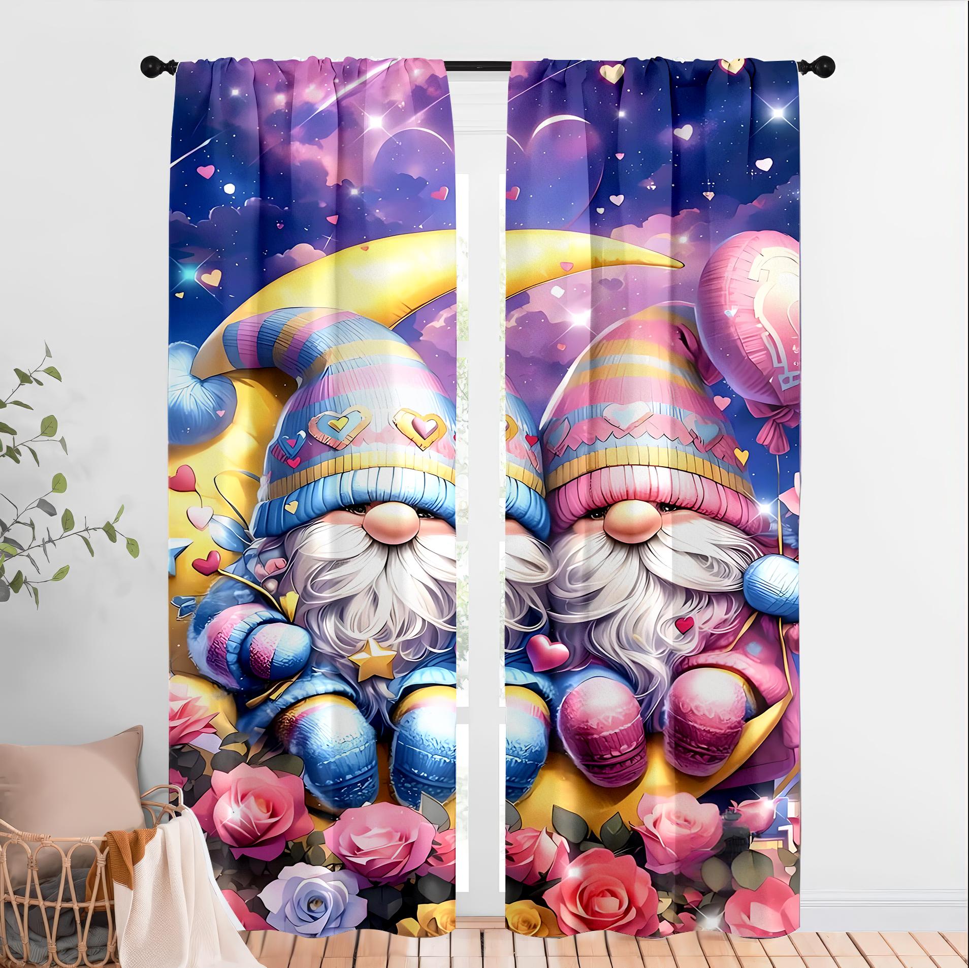 

2pcs Colorful Love Gnome & Rose Curtains, Perfect for Valentine s Day Window Decor, Whimsical Home Bedroom Living Room Decor 24x59in(60x150CM)x2&Rod Pocket
