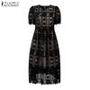 ZANZEA Women Casual Round Neck Short Sleeve Lace Ctochet Patchwork Dress