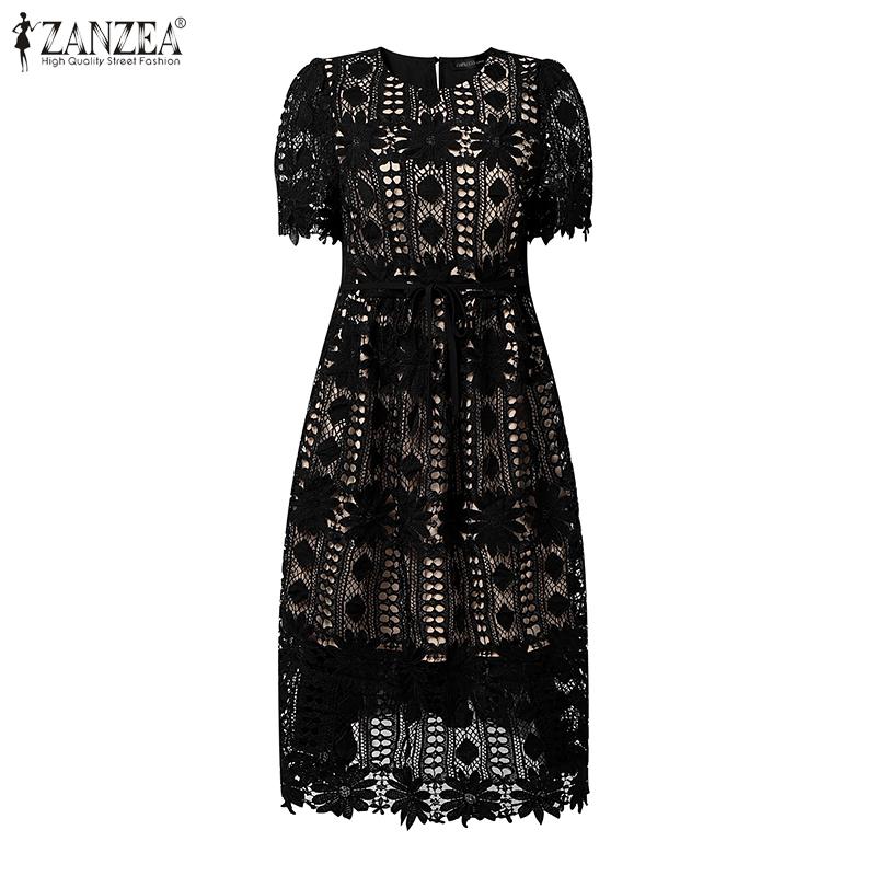 ZANZEA Women Casual Round Neck Short Sleeve Lace Ctochet Patchwork Dress