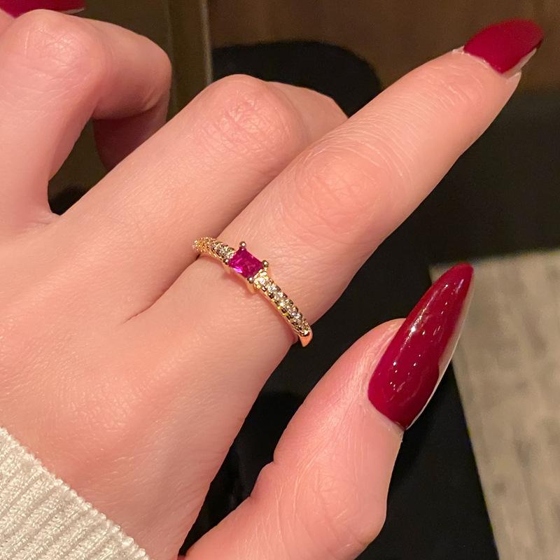 Medieval Retro Fashion Gold Open Ring Niche Red Zircon Personality Light Luxury High-End Accessories Women