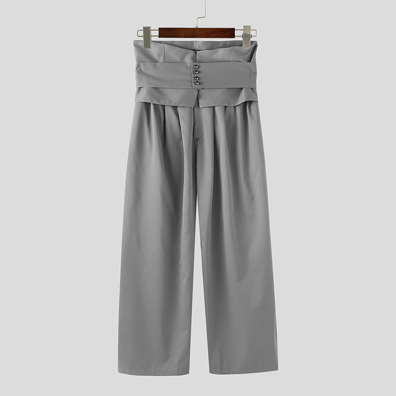 INCERUN Men Layers Zip-up High Waist Casual Long Wide Legs Pants Trousers