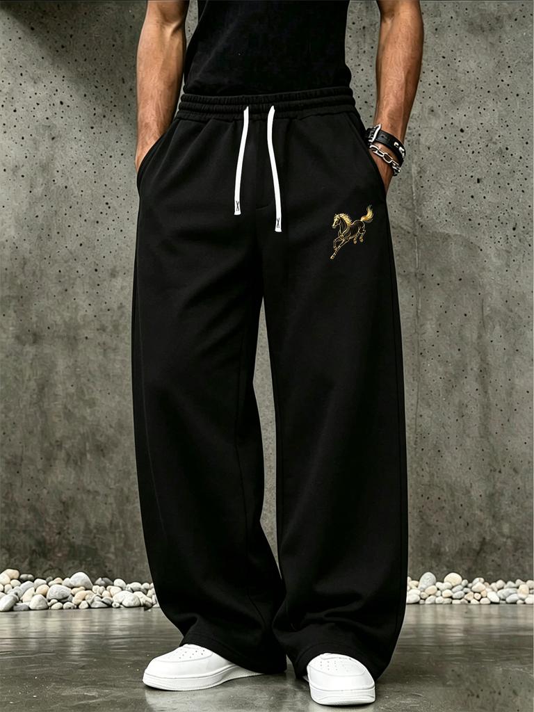 Men Casual Wide Leg Sweatpants, Drawstring Waist Trousers with Side Pockets for Relaxing Days and Street Outfits