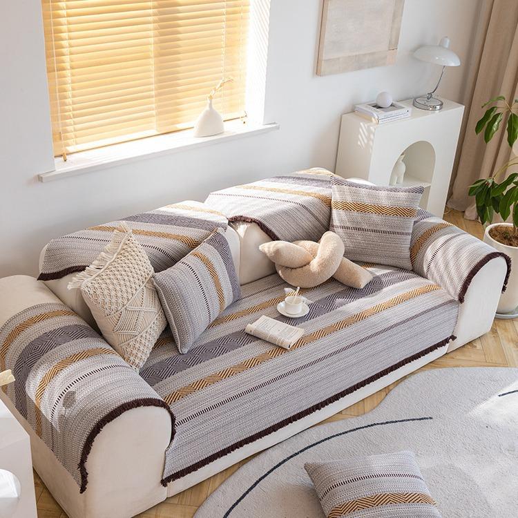 Foreign Trade Export Ins Coarse Cloth Solid Wood Cotton And Linen Sofa Cushion Striped Four-Season Sofa Cover Cushion Cover Towel Cloth Seat