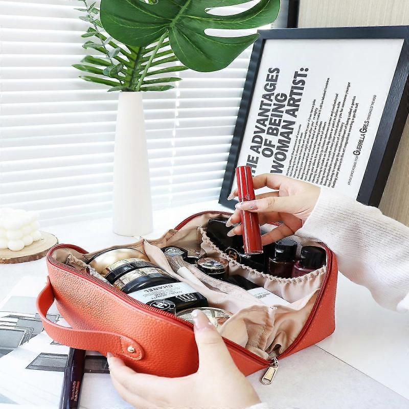 Poudre De Rosa Makeup Bag, Travel Large Capacity Makeup Bag, with Handle and Divider, Waterproof PU for Women Toiletry Storage Bag Multifunction Leath