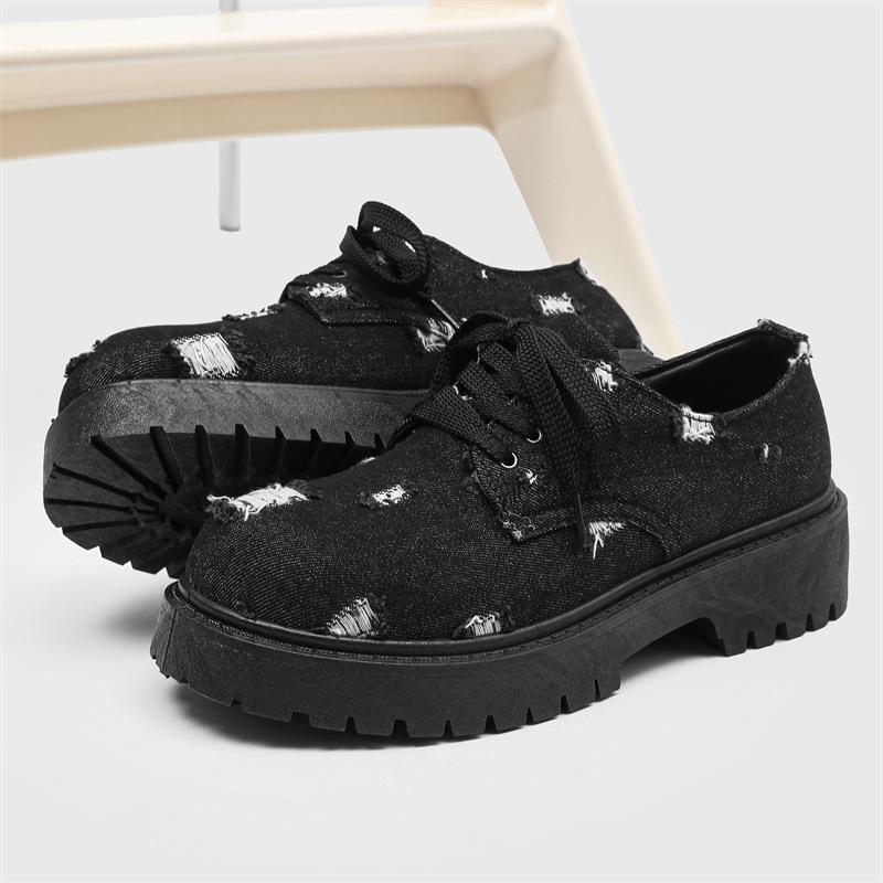 

2025 нишевые ботинки Мартина с большой головой, джинсовые низкие парусиновые туфли, ретро, на толстой подошве, увеличивающие рост, мужская обувь Z52 39 чёрный