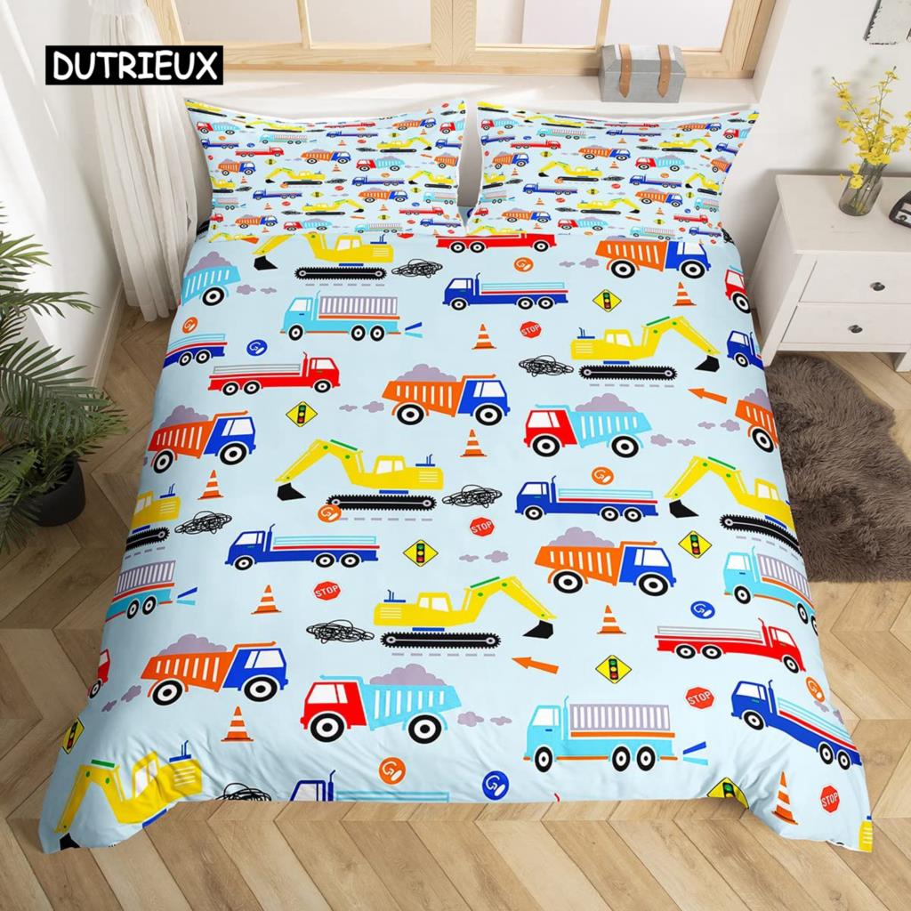 Kids Equipment Trucks Duvet Cover King Boys Cartoon Car Excavator Tractor Bedding Set Construction Highway Comforter Cover Set