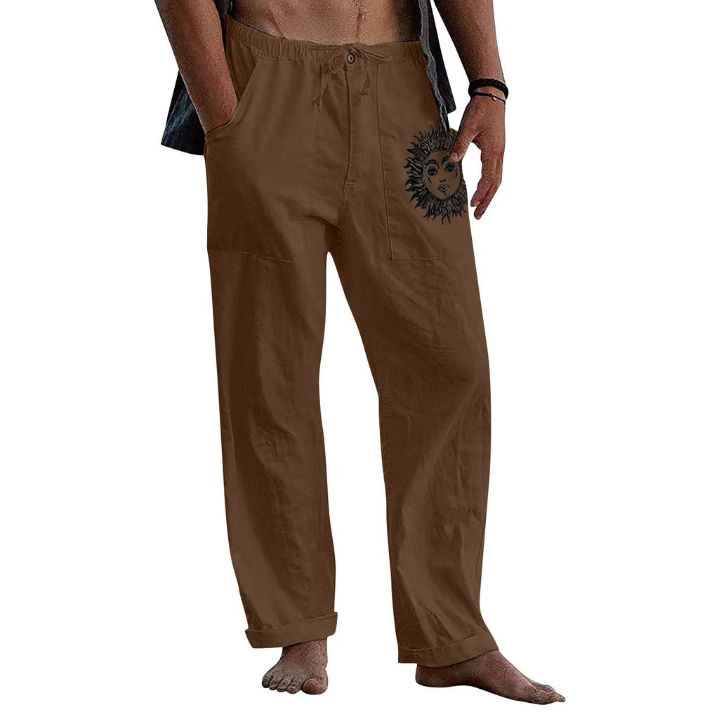 Men's Casual Loose And Comfortable Casual Pants Cotton Linen Printed Drawstring Trousers