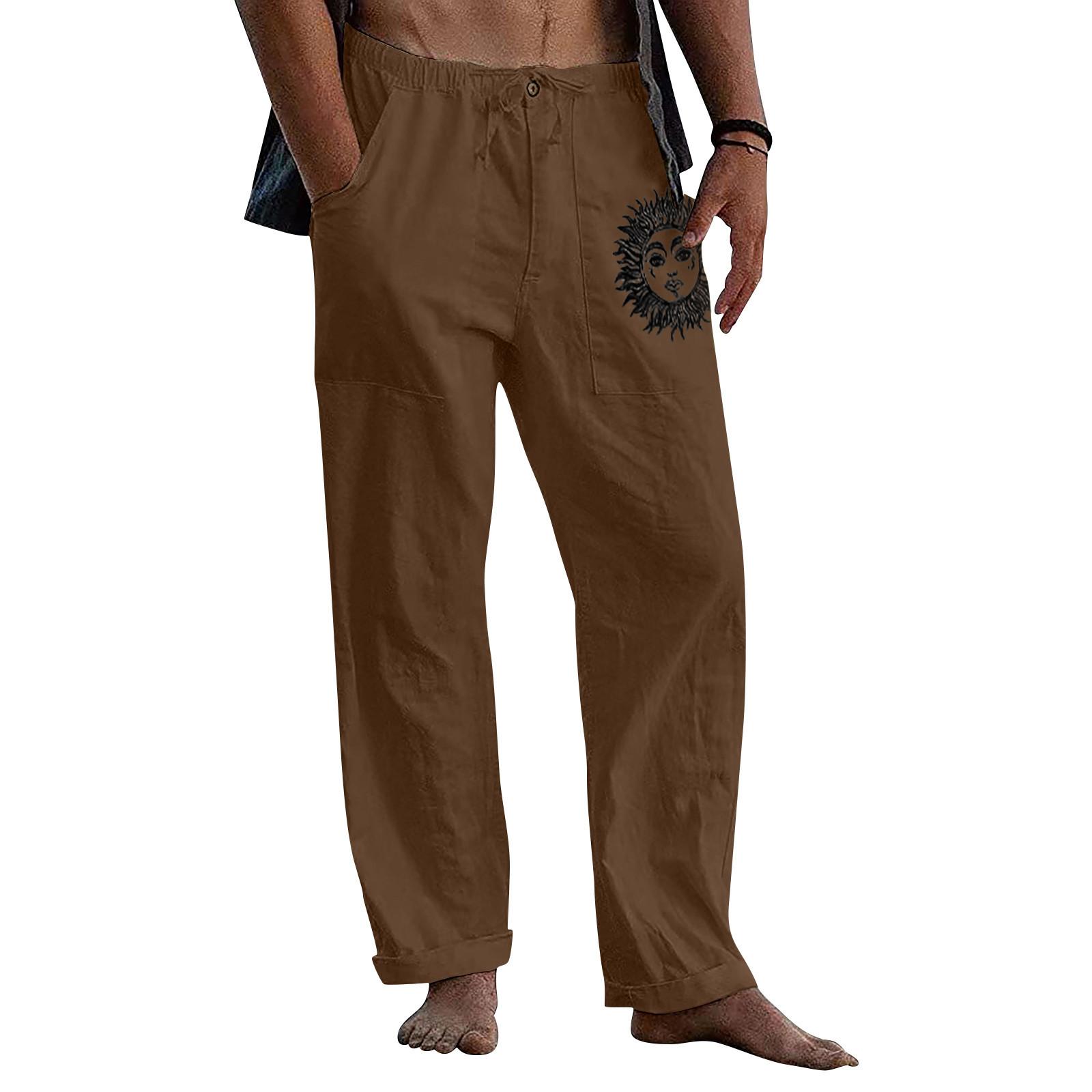 

Men s Casual Loose And Comfortable Casual Pants Cotton Linen Printed Drawstring Trousers XXXXXL коричневый