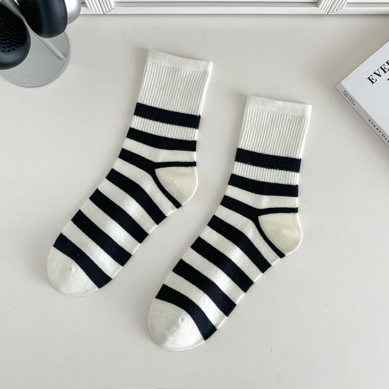 Women's Japanese Style Striped Cartoon Puppy Mid-Calf Cotton Socks - Cute, Breathable, and Versatile Embroidery Design.
