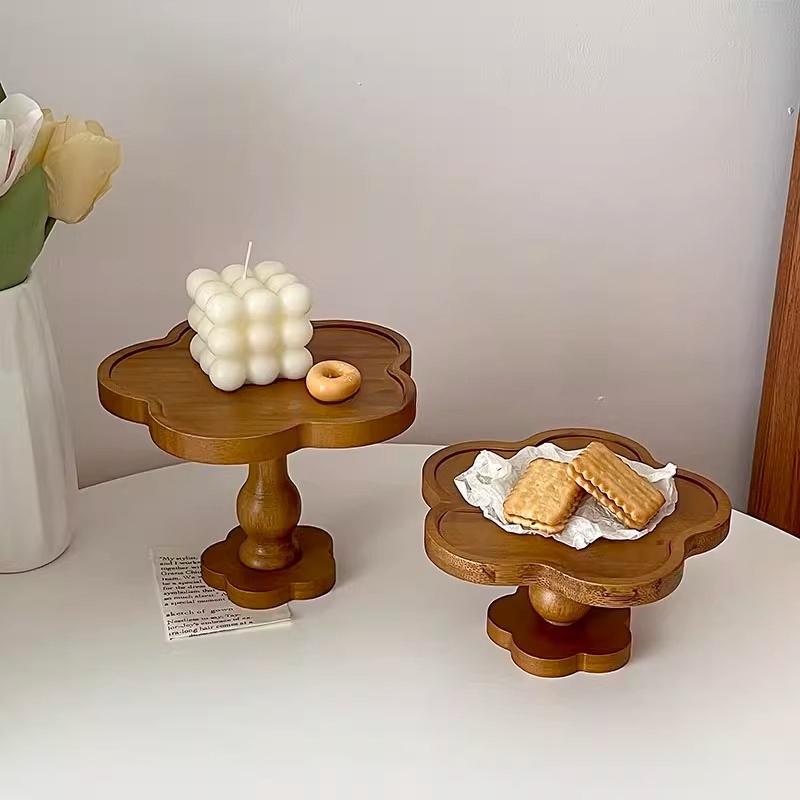 PGY Vintage Holzschale Dekoteller Hoher Fuß Dessert Kuchenteller Kerzenhalter Teekanne Serviertablett Display Japan Blume Speiseteller