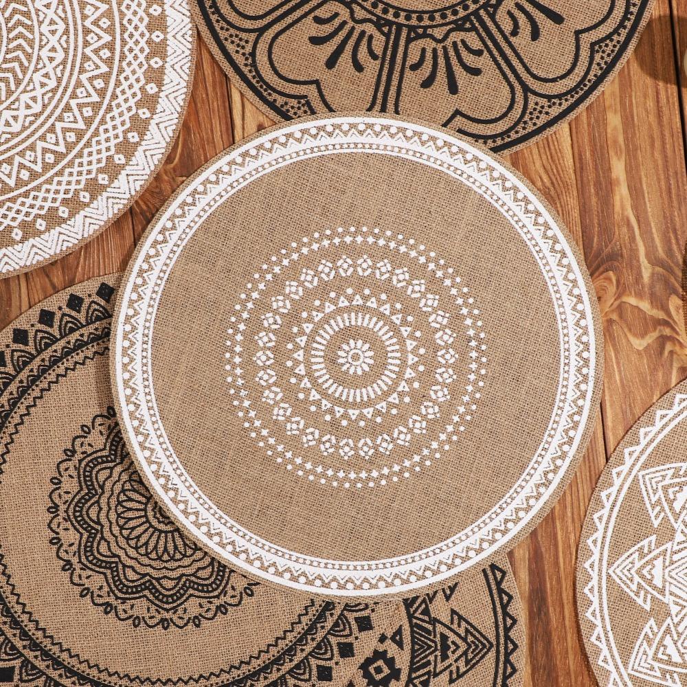 Large Round Jute Placemat Bohemian INS Style Silk Screen Printed Heat Resistant Table Mat Insulation Pad for Kitchen Dining Home Decoration