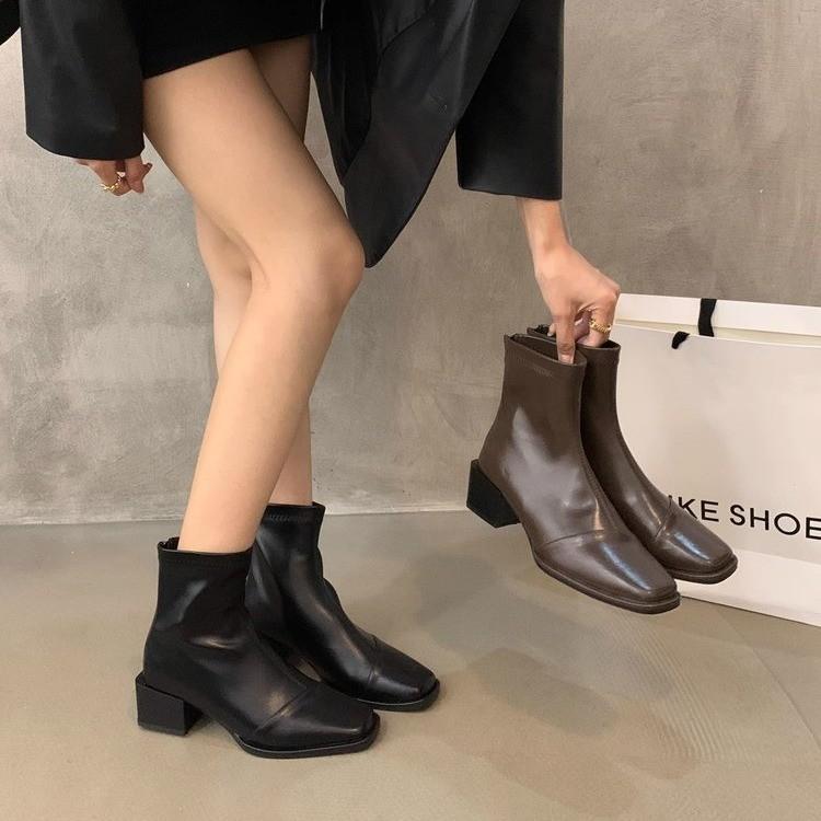 

Thick heel square head thin boots Martin boots women s shoes 2024 new autumn single boots Korean version high heel niche short boots women 35 чёрный