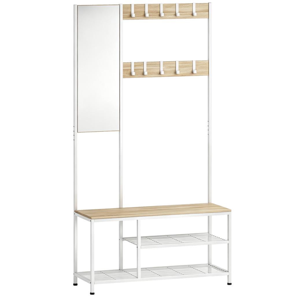 4 In 1 Entryway Coat Rack With Bench Shoe Cabinet Mirror 8 Hooks And Metal Frame Modern Style 98x36x185 Cm Wood