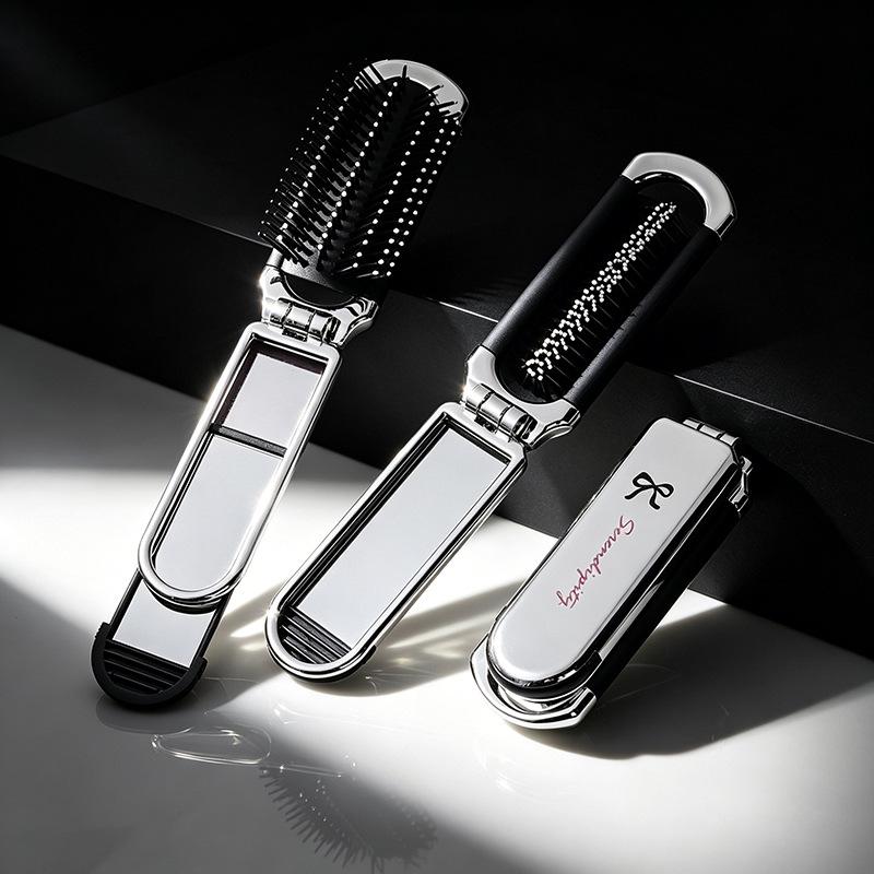 Electroplated Silver Massage Comb with Folding Mirror and Anti-Static Air Cushion – Student Girl Ins Style