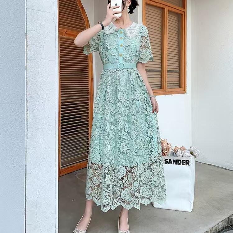 Damen Französisch Süß Farbblock Peter Pan Kragen Slim Fit Midilänge Spitzenkleid