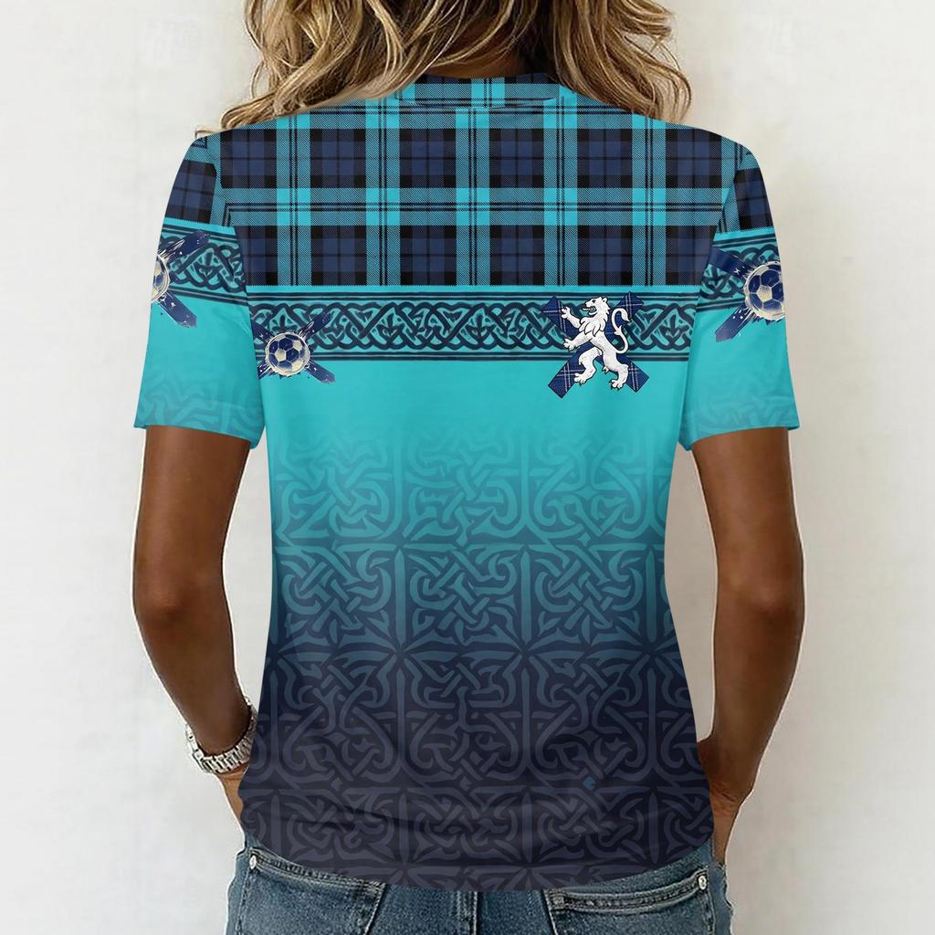 Damen T-Shirt mit kurzen Ärmeln und V-Ausschnitt mit Fußballflaggen-Print für den lässigen Alltag