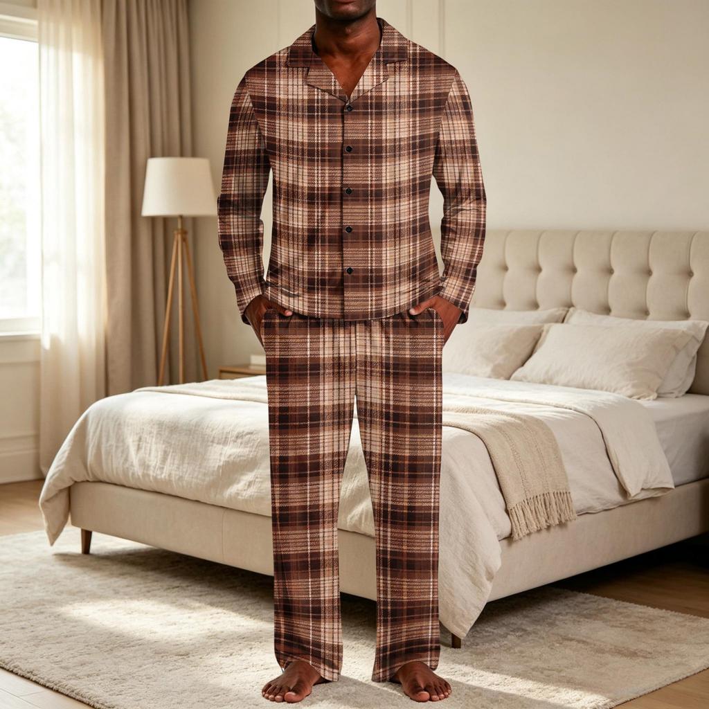 Herren-Karos-Pyjama-Set mit Hemd mit Knopfleiste und Reverskragen und entspannter Passform mit geradem Bein - Zweiteilige Nachtwäsche