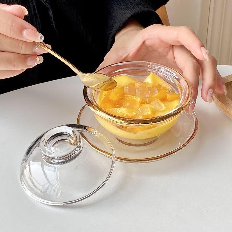 Changbaosen Gold Rim Glass Dessert Bowl with Lid