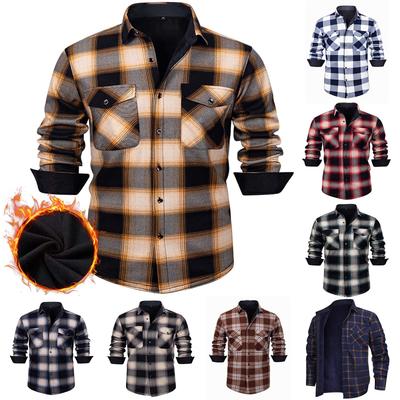 Men's Casual And Trendy Checked Button Cardigan, Men's Lapel Long-sleeved Inner Fleece Warm Coat