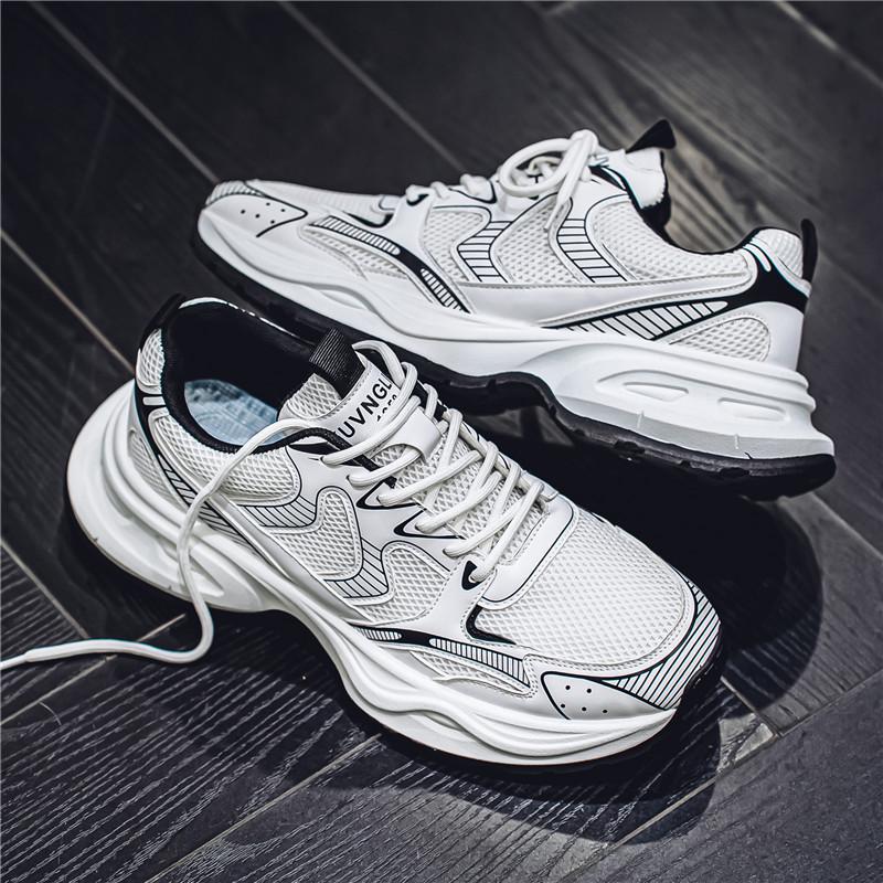 Men's Summer Mesh Breathable Sneakers, Thick Sole, Height-Enhancing, Retro White Casual Running Shoes.