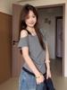 Korean Color Block Off-Shoulder Slimming Patchwork T-Shirt for Women