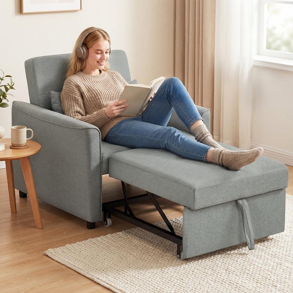 3-in-1 Sleeper Chair, Pull-Out Sofa Bed Chair with Adjustable Backrest, Grey