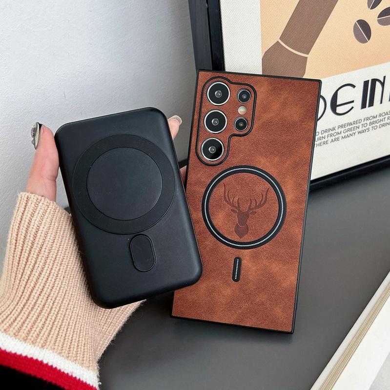 Deer Print Leather Magnetic Phone Cover For Samsung S25 Ultra S24 S23 Plus S22 Matte Slim Shockproof Wireless Charge Back Case