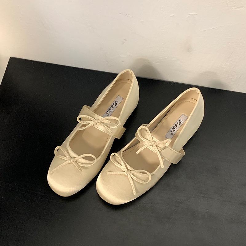 Inner heightening version~ 2025 ballet shoes round head bow Mary Jane with skirt temperament evening single shoes women