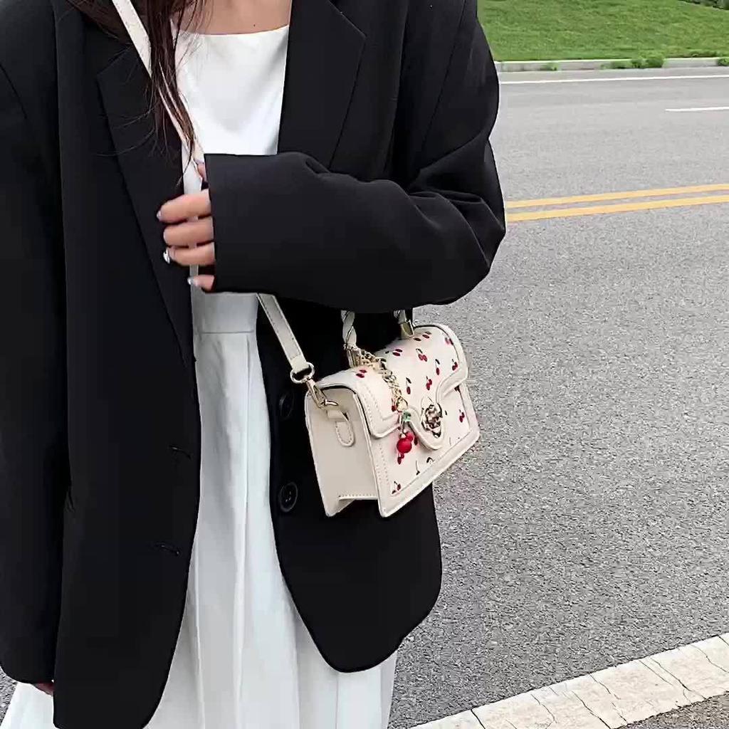 Cherry Print Handbag for Women, Sweet Mini Crossbody Bag, Stylish Flower Lock Shoulder Bag Square Purse