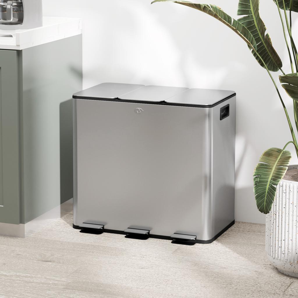 3 X 15L Pedal Bin, Steel Triple Kitchen Bin with Soft Close Lid, Removable Inner Buckets, Fingerprint-Proof, Silver Tone