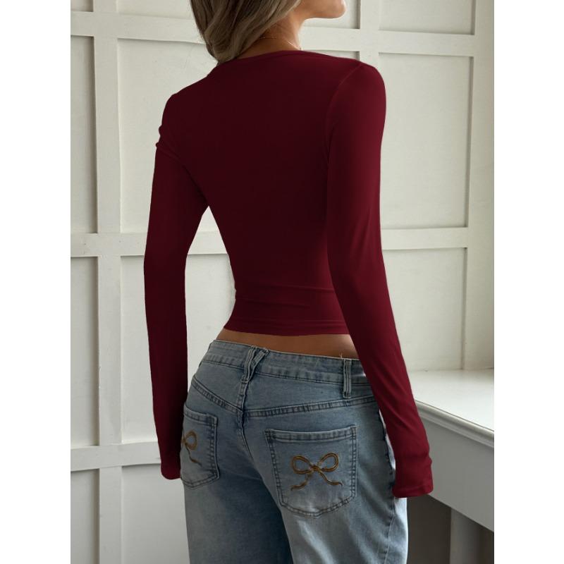 Women Long Sleeve Square Neck Cut Out Metal Detail Slim Fit Crop Top