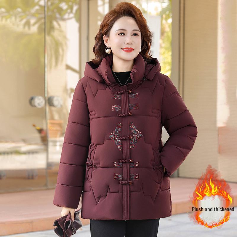 2025 Women s Stylish Warm Velvet-Enhanced Hooded Cotton Outerwear for Middle-aged and Elderly 6XL (Recommended 165-180 jin)