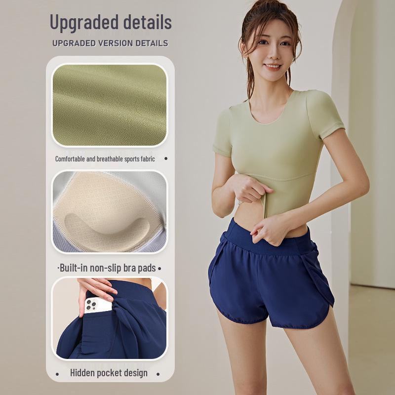 Damen Schnelltrocknendes Yoga-Set: Gepolstertes Kurzarm-Top & Enge Shorts für den Sommer