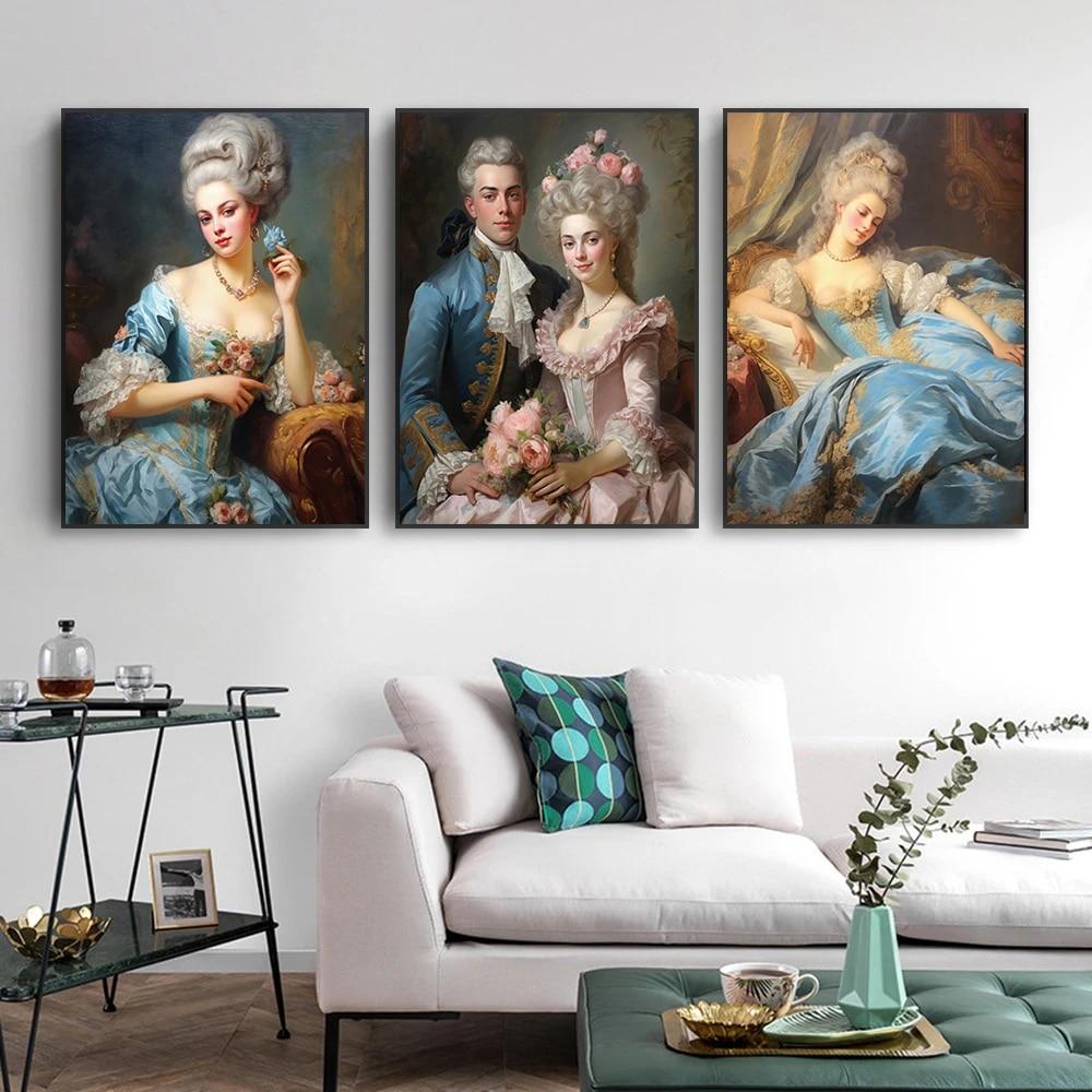 Retro Rokoko Schönheit Ölgemälde Drucke Vintage Viktorianischen Blau Poster Renaissance Leinwand Malerei Home Wohnzimmer Dekoration
