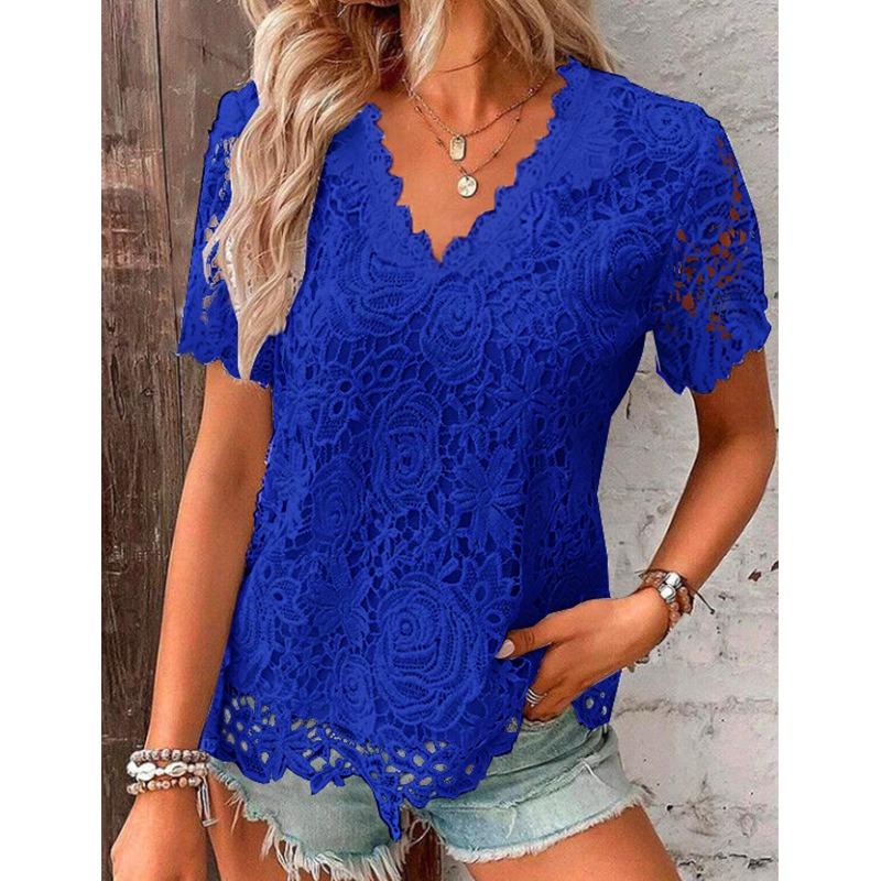 Zomer Korte Mouw Plus Size Kant Wit Shirt Vrouwen Tops V-hals Mode Uitgehold Shirt Vrouwelijke Casual Losse Elegante Kantoor Dames Shirts 878