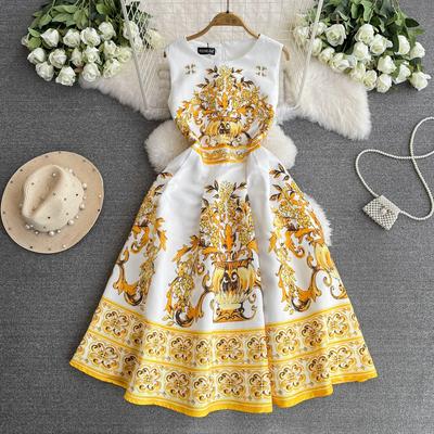 Vestito da passerella con stampa vintage estiva da donna, alla moda, senza maniche, con canotta, abiti da festa