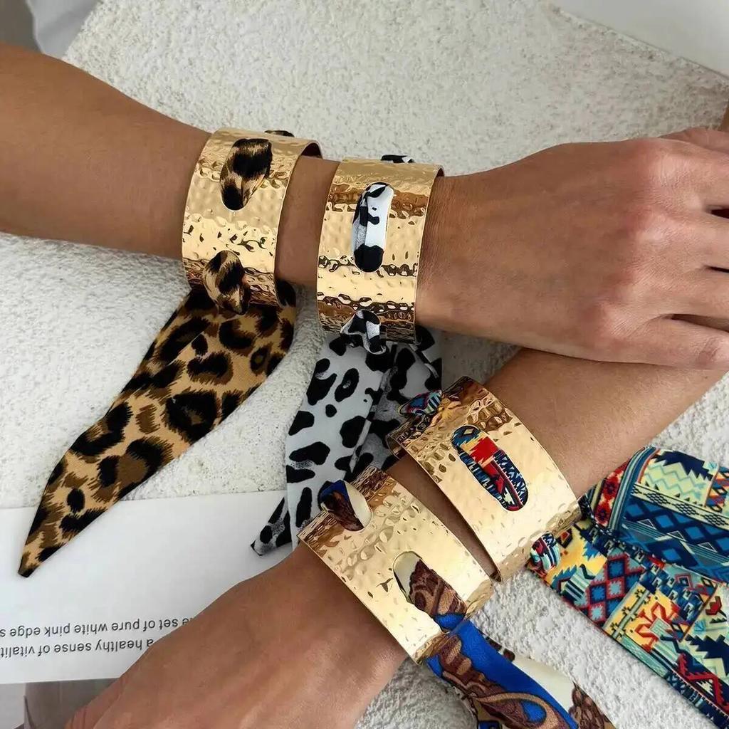 IngeSight.Z Creative Colorful Ethnic Style Wristband Metal Bracelet Women Classic Pleated Scarf Wrapped Open Bangle Jewelry 2026